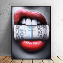 Load image into Gallery viewer, SELFLESSLY Wall Art Prints Posters Sexy Red Lips Bite Bullet and Money Modern Canvas paintings For living room Decor Unframed Lip Makeup